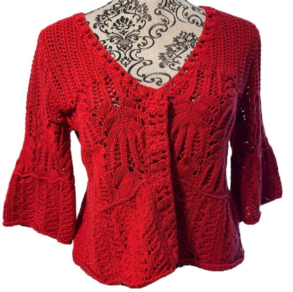 Free People Red Crochet Bell Sleeve Cardigan